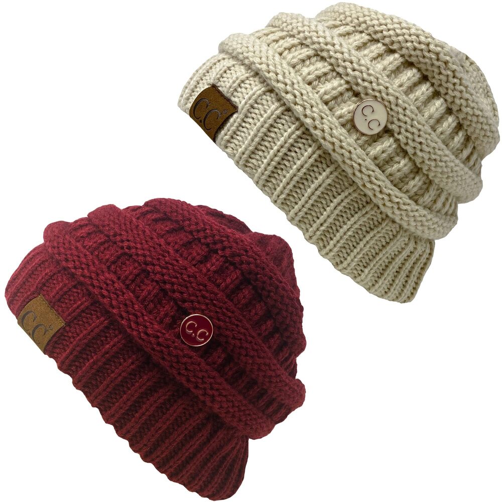 6476 Ribbed Knit Hat Chunky Side Button Beanie Bundle - Beige & Maroon 2